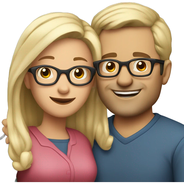 40 year old man with blond hair and glasses hugs a 40 year old woman with dark brown half long hair emoji