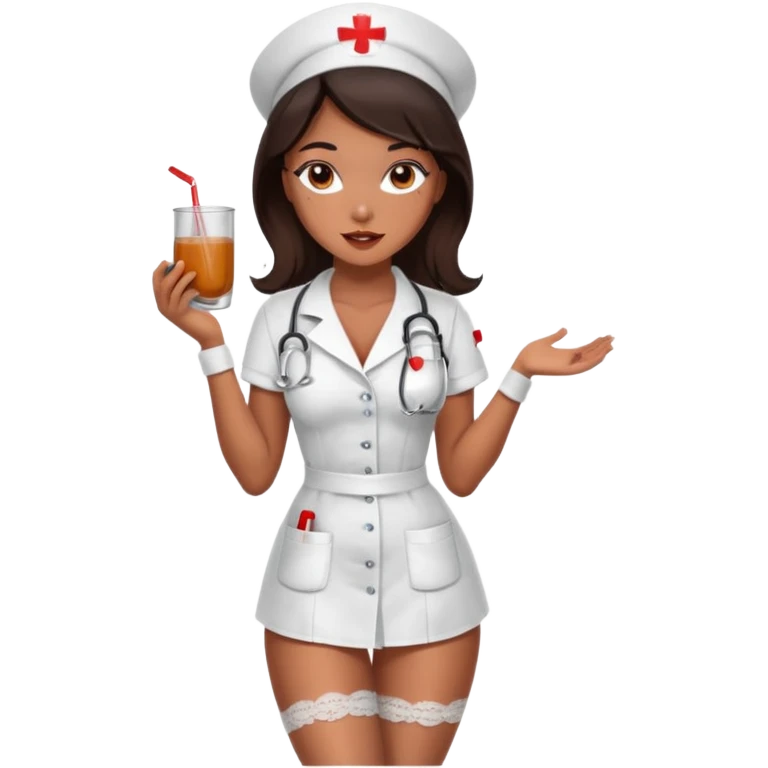 A sexy girl. with caramel skin. Dark brown hair and brown eyes. She has freckles. Wearing sexy makeup. Dressed as a sexy nurse wearing lingerie. Full body. emoji