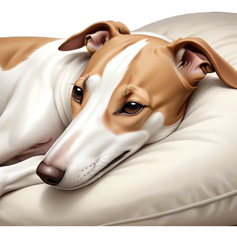 Meme-Worthy Cute Sleeping White and Brown Greyhound Portrait Emoji, Head resting peacefully with a contented smile, showcasing a lean, graceful build and a luxuriously smooth Fur of white with brown accents, eyes shut in a serene nap, Simplified yet hilariously adorable features, highly detailed, glowing with a soft, drowsy light, high shine, relaxed and utterly lovable, stylized with an air of playful laziness, bright and heartwarming, soft glowing outline, capturing the essence of a comically sleepy racer, so meme-worthy it feels like it could instantly become the next viral sensation of adorable slumber! emoji