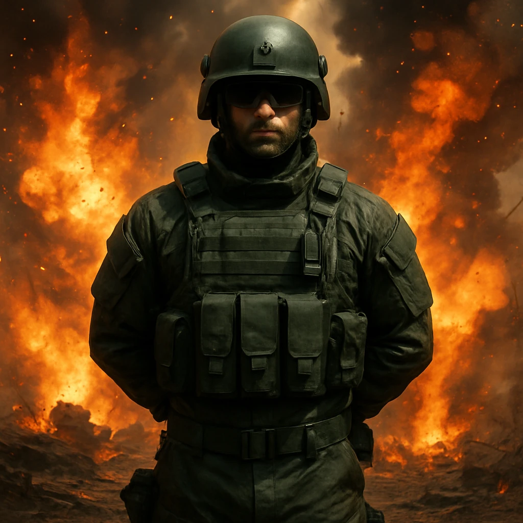 A man in advanced military gear, dark green, hands behind his back, facing viewer. Background filled with explosions and fire, warzone scene. emoji