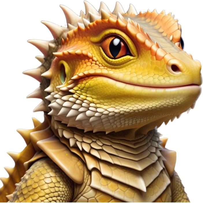 Cinematic Noble Bearded Dragon Portrait Emoji, Poised and regal, with a robust, angular build and a textured, scaled hide in earthy olive and sandy tones, a prominent spiky 'beard' beneath its chin and a keen, alert gaze, Simplified yet sharp and sophisticated features, highly detailed, glowing with a soft, dignified glow, high shine, intelligent and fierce, stylized with an air of desert majesty, focused and attentive, soft glowing outline, capturing the essence of a watchful and commanding reptile, so majestic it feels as though it could scuttle out of the screen with effortless authority! emoji