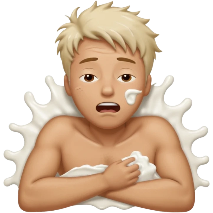 Man laying on the floor exhausted mouth open eyes closed chest covered in white lotion emoji