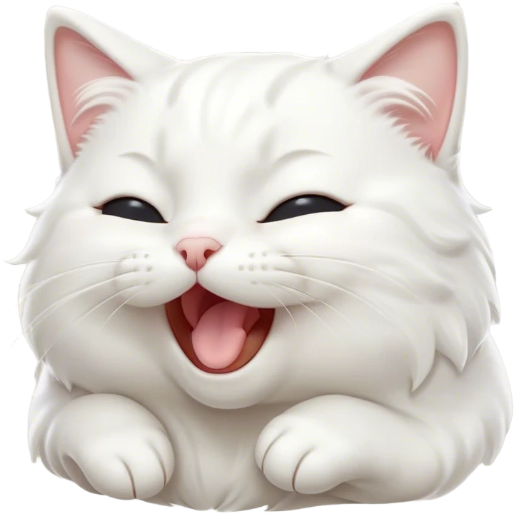 Cinematic Cute Yawning White Cat Portrait Emoji, Head gently tilted with an endearing, wide-open yawn and softly closed eyes, showcasing a pristine white fur with delicate hints of silver, simplified yet irresistibly adorable, highly detailed, glowing with a tender, cozy radiance, high shine, exuding sleepy charm and gentle affection, styled with a soft glowing outline, capturing the essence of a white cat caught mid-yawn, radiating pure, adorable lethargy! emoji