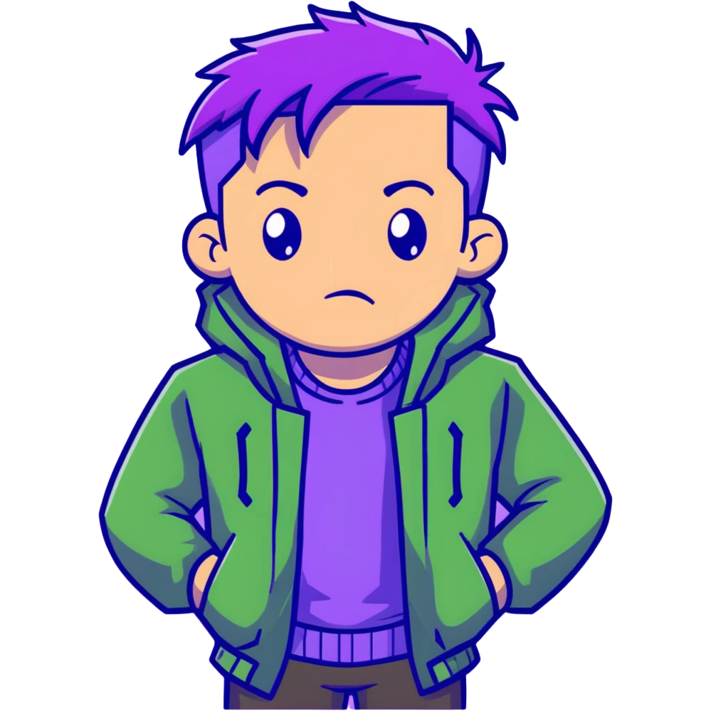Man with stylish green jacket and purple hair, strong pose, bold expression, modern clothing style emoji