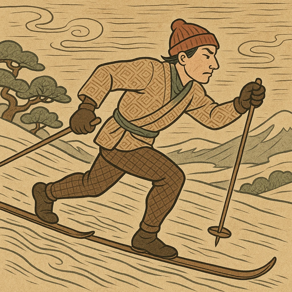 stylized cross-country skier, ukiyo-e style, dynamic movement, subtle color palette, traditional patterns emoji