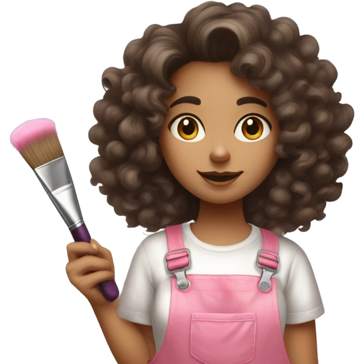 Curly-haired brunette girl painter in artist's costume and paint stains on her pink overalls with a brush and a paint palette in her hand emoji