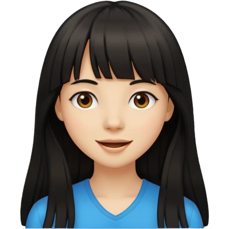 Pale brown girl with long black hair with bangs, happy emoji