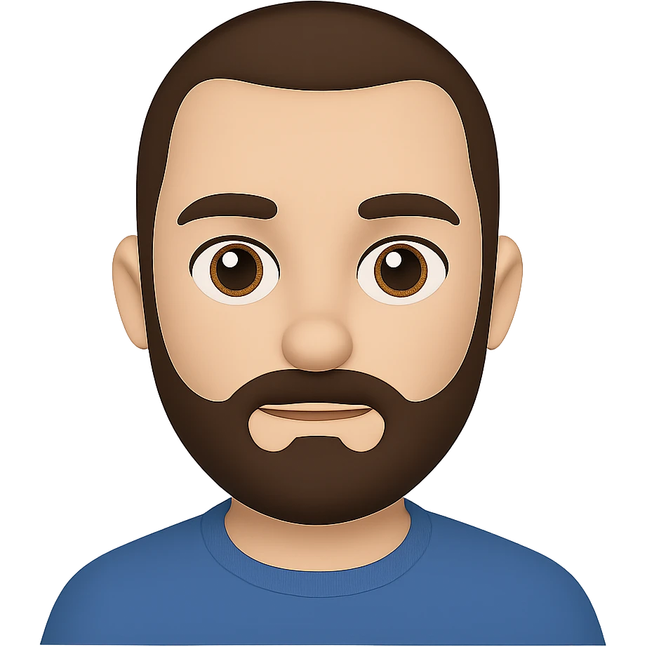 Edit the image to depict a man with less hair, shorter beard, brown hair and beard, in the style of Apple emojis with transparent background. The style is Apple emoji style. emoji
