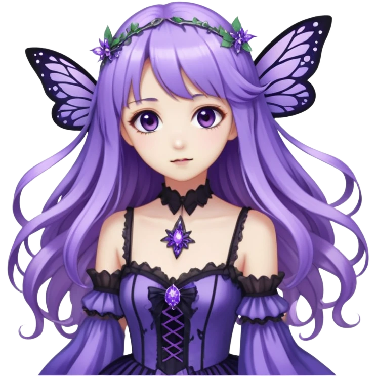 Gothic anime fairy with long beautiful hair and violet dress, pastelcore, Lolita, aesthetic, beautiful, pretty, amazing, epic, gorgeous, sparkly emoji