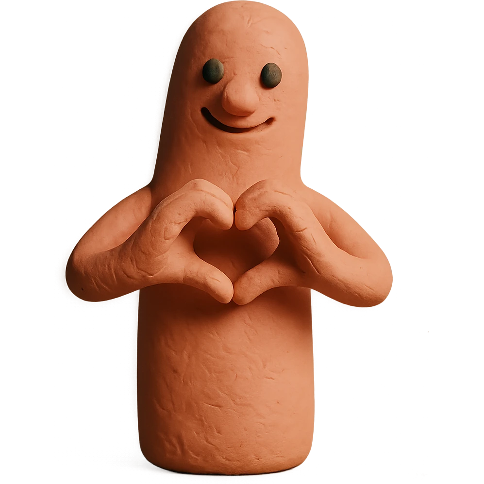 a whimsical sausage-shaped humanoid with a pinkish-orange body, forming a heart with its hands emoji