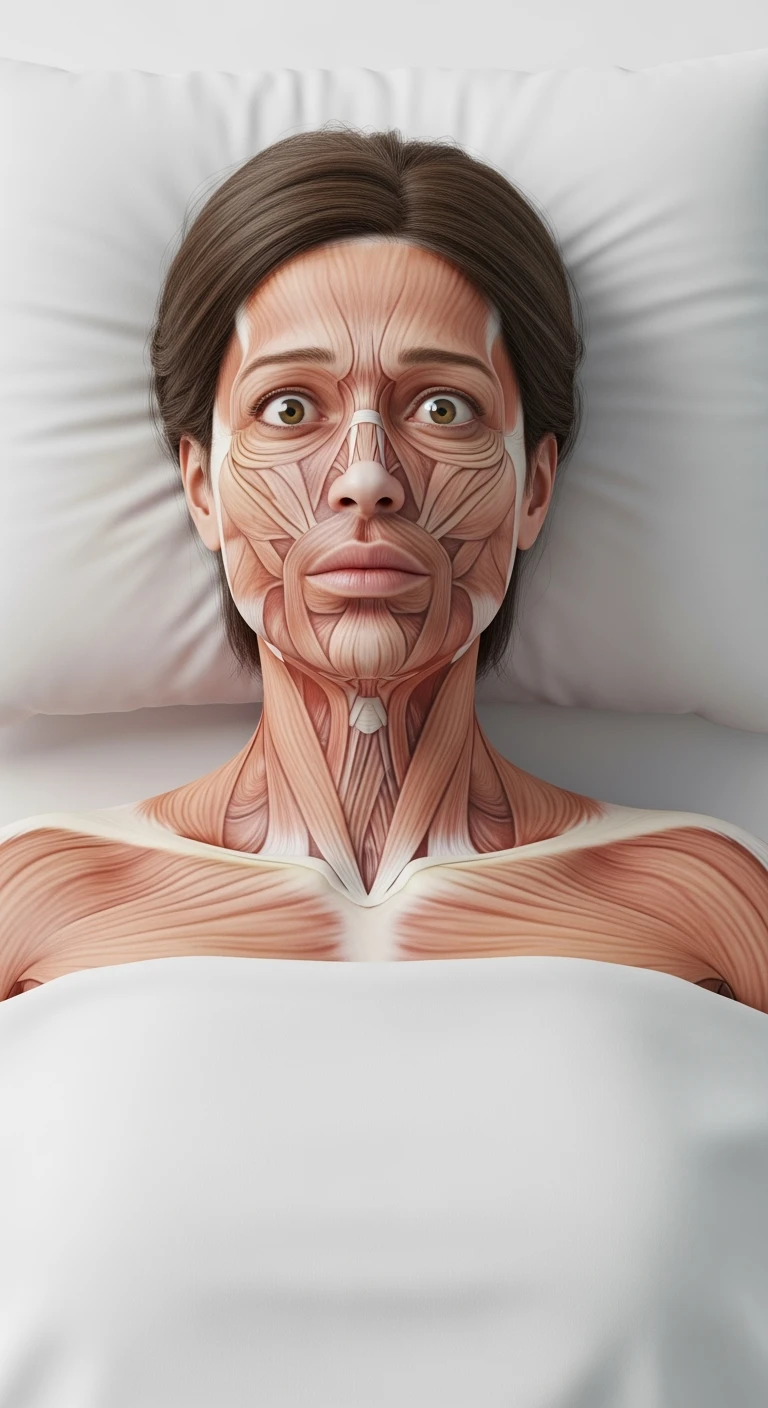 corpo umano anatomico realistico con la testa poggiata sul cuscino ma gli occhi aperti perché non riesce a dormire, visto dall'alto, sfondo bianco
IPERREALISTICO 4K emoji