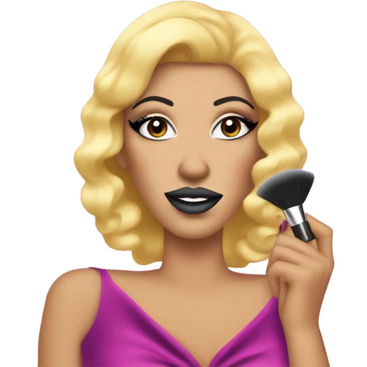 A drag queen, putting on blusher from a compact emoji