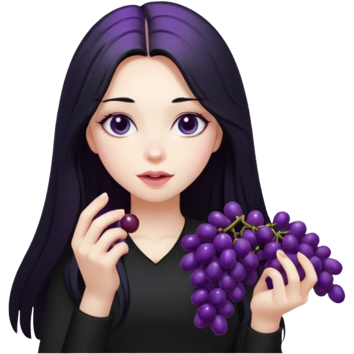 girl with long black hair, black clother with eating disorder purple food emoji