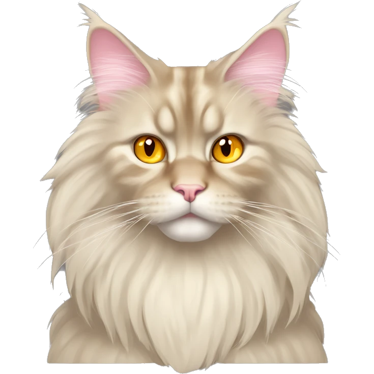 A cream-colored Maine Coon with long, fluffy fur, striking yellow-orange eyes, a pink nose, and a regal, serious expression. emoji