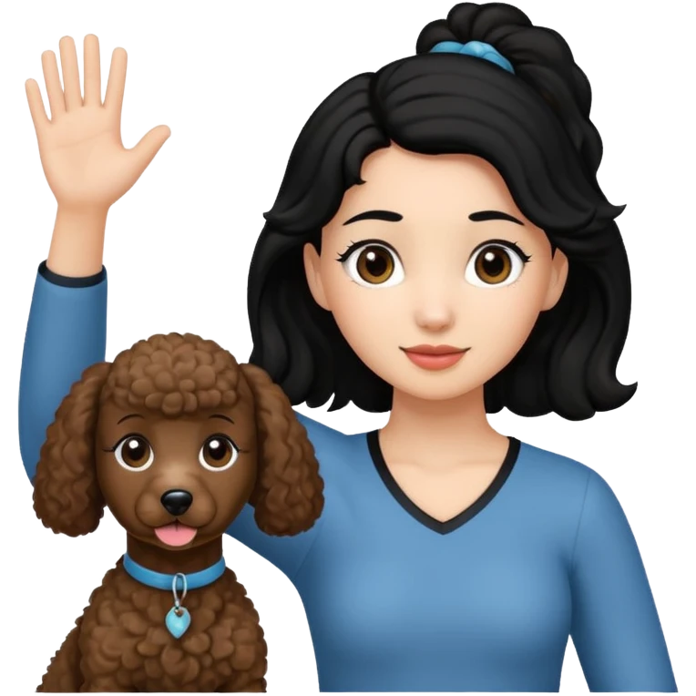 Ponytail black hair girl with brown Poodle say goodbye  emoji