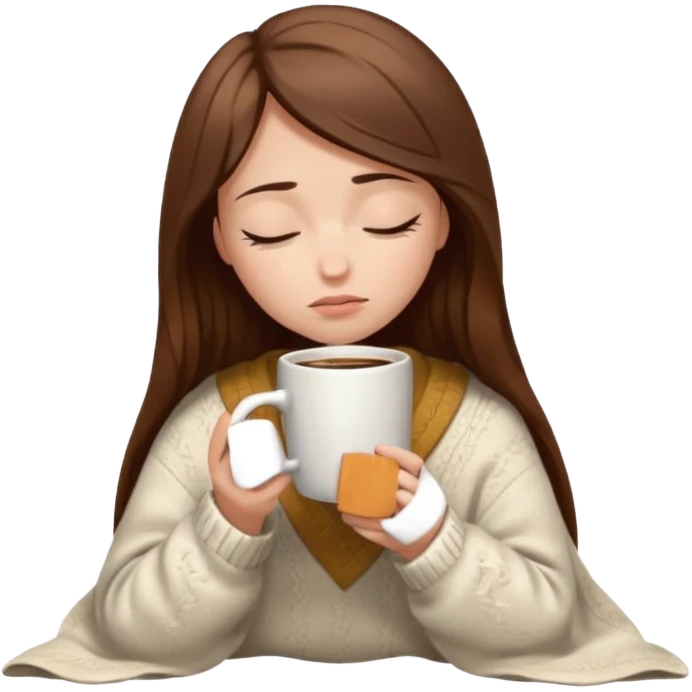 girl inside a offwhite blanket holding a coffee mug eyes closed, looking sad emoji
