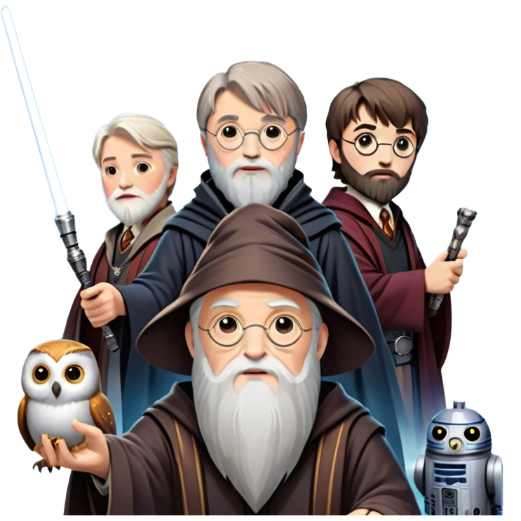 Icon for Fantasy and Sci-Fi Movies: Collage featuring Harry Potter with his wand, Dumbledore, Luke Skywalker with a lightsaber, and futuristic robots. Background with a magical planet, Hogwarts, flying owls, and spaceships. Epic and magical atmosphere. Transparent background. emoji