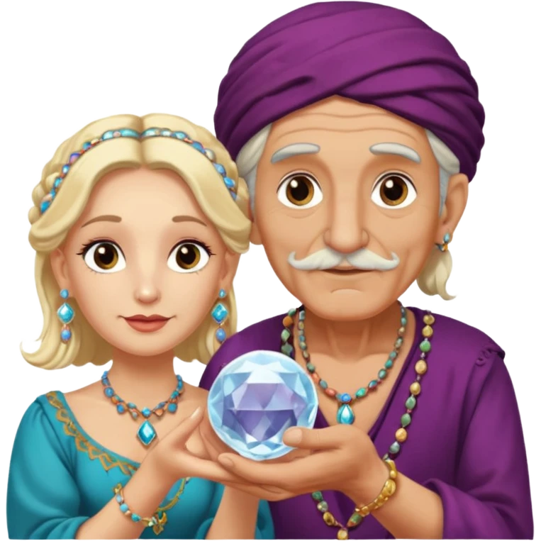 Elderly cleanshaven male gypsy with earrings and blonde female gypsy holding a crystal ball emoji