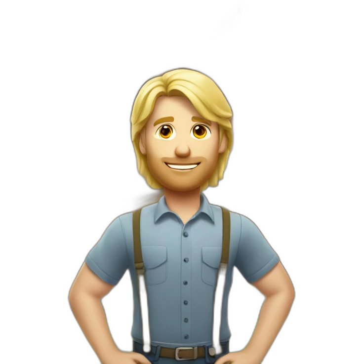 Blond man architect, with mid long blond hair, posing next to a wooden house emoji