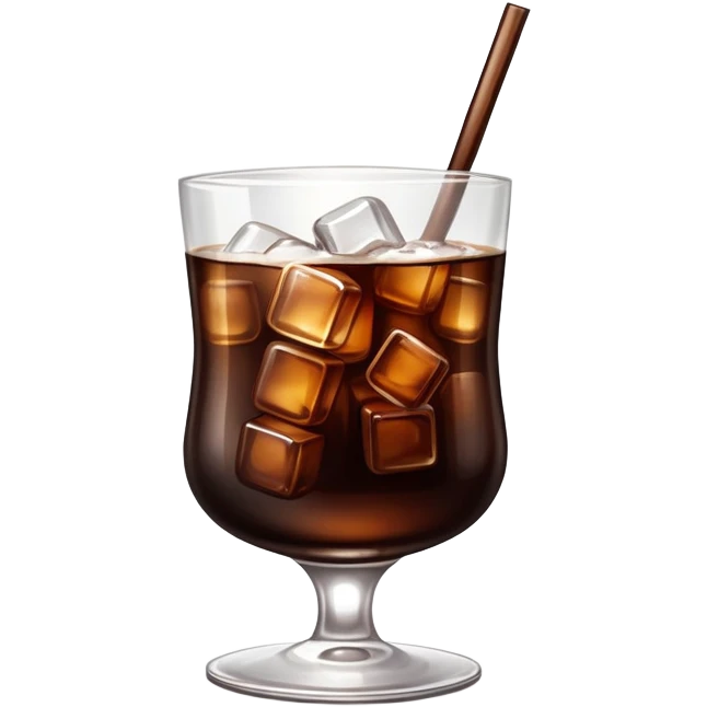 Create a realistic emoji-style illustration of a glass of Fernet with Coca-Cola. The glass should be filled with a dark brown liquid and a few ice cubes, with bubbles indicating carbonation. Add a subtle shine to the glass to make it look refreshing. emoji