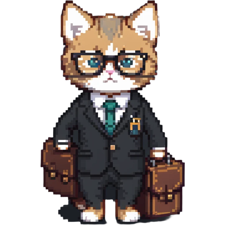 kitten in a suit holding a briefcase and wearing glasses emoji