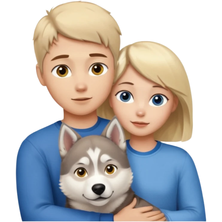 ragazza bionda occhi gialli capelli lisci biondo che abbraccia un husky occhi azzurri e un ragazzo bruno capelli corti e rasati occhi castani emoji