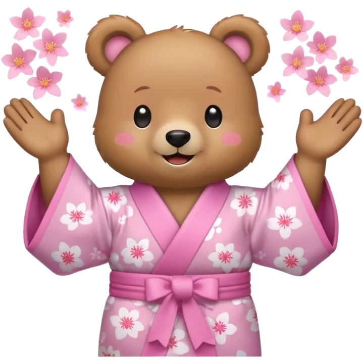 A cute light-brown bear wearing a pastel pink sakura-patterned kimono, normal balanced body ratio.  
Clapping hands cheerfully with a big bright smile and small spark effects around.  
Kawaii emoji style, minimalistic clean sticker illustration, white background.
 emoji