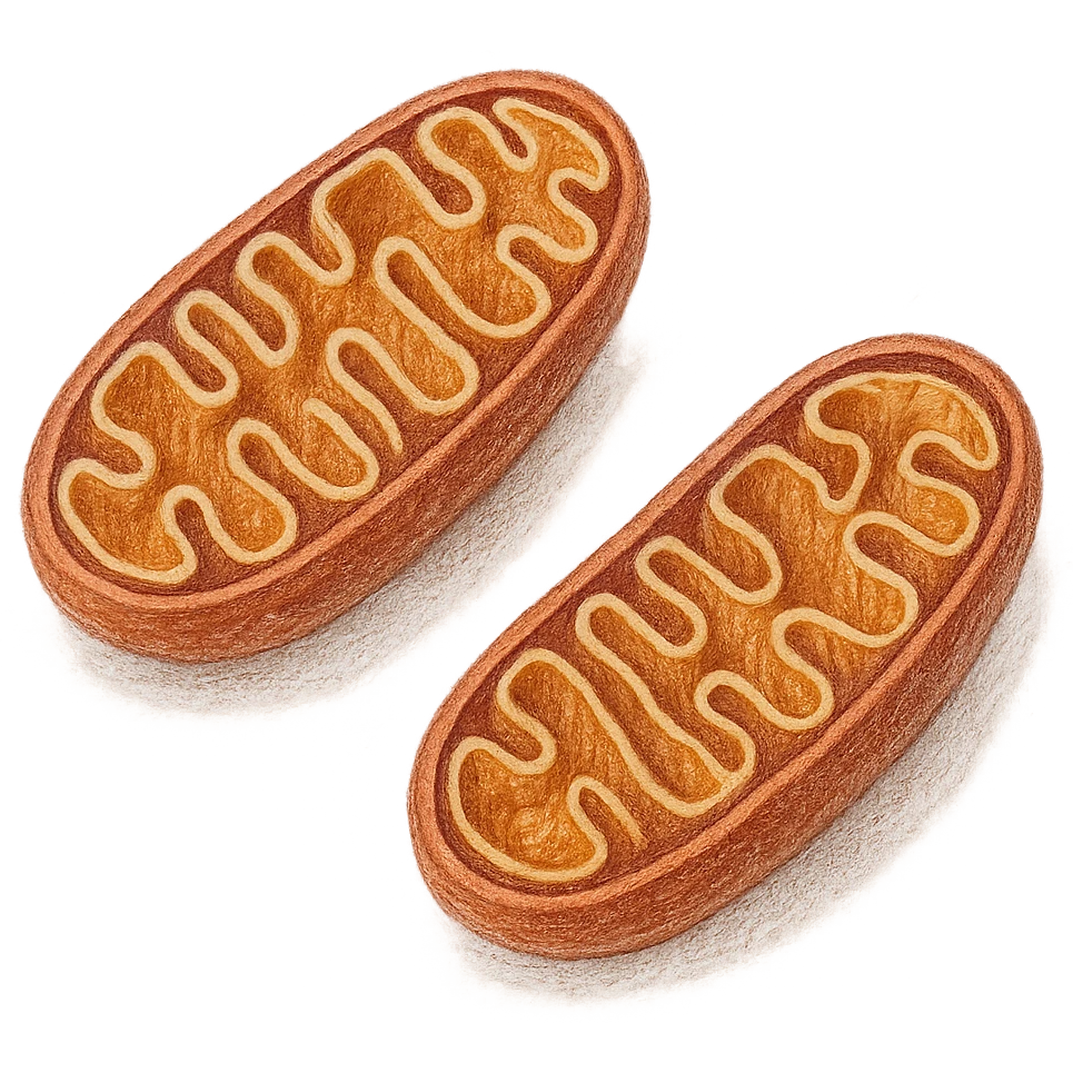 realistic colored drawing of mitochondrial biogenesis step 4: two mature and functioning mitochondria, visible texture on white paper, isolated on white background emoji