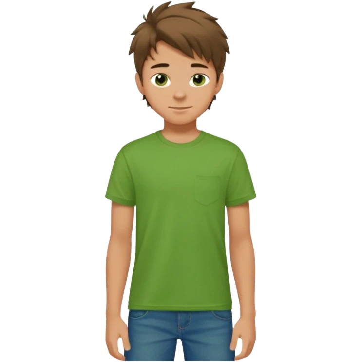 A 14 yerar old teenage boy, slightly tanned, wearing a green tshirt, blue jeans and green sneakers with brown tousled hair, smirking emoji