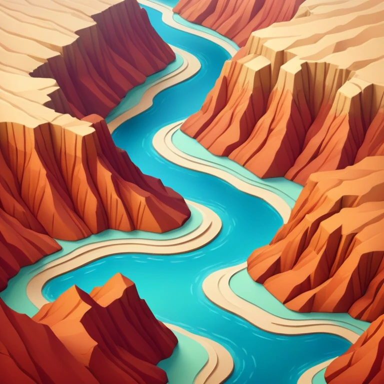 Brown and beige and red-orange canyon, 3D isometric realistic, with blue-green river emoji