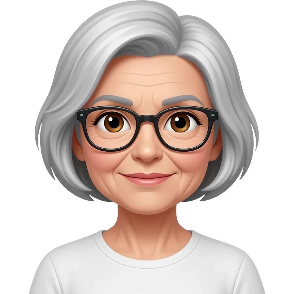 Beautiful woman short grey hair brown eyes glasses 75 years  emoji