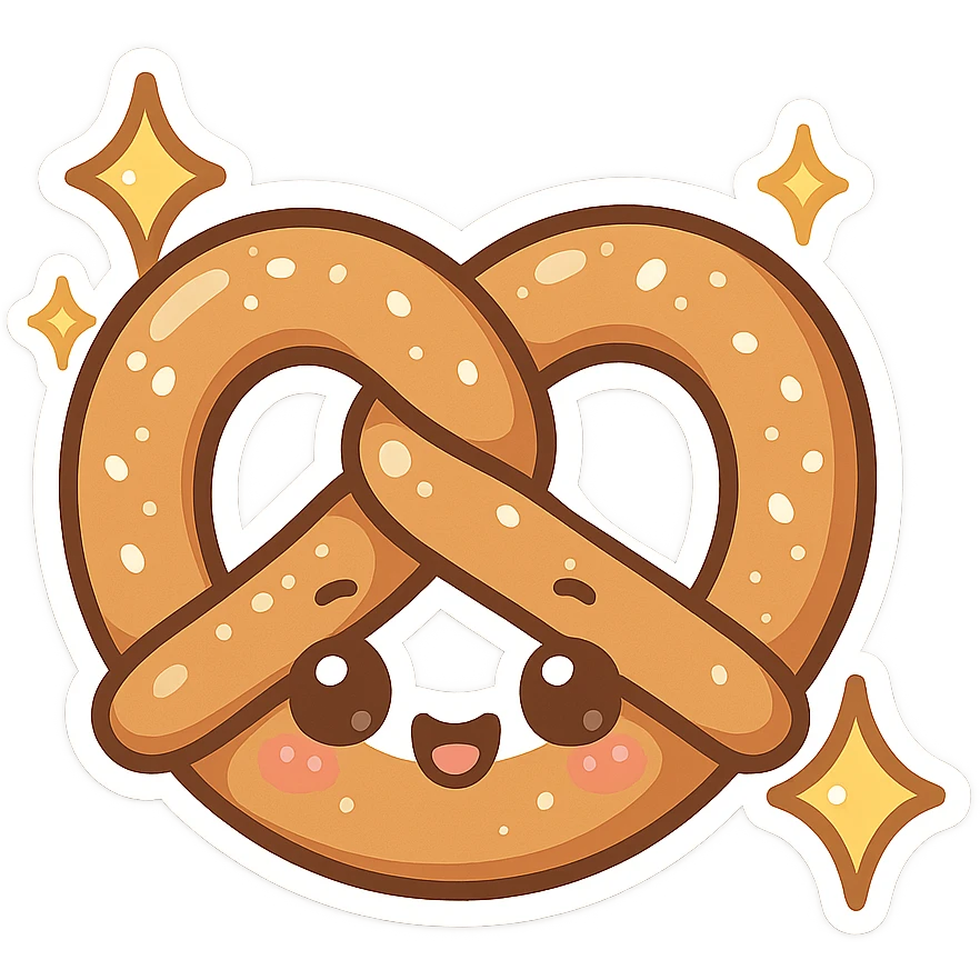 chibi sticker-style pretzel with sparkles, cute and exaggerated emoji
