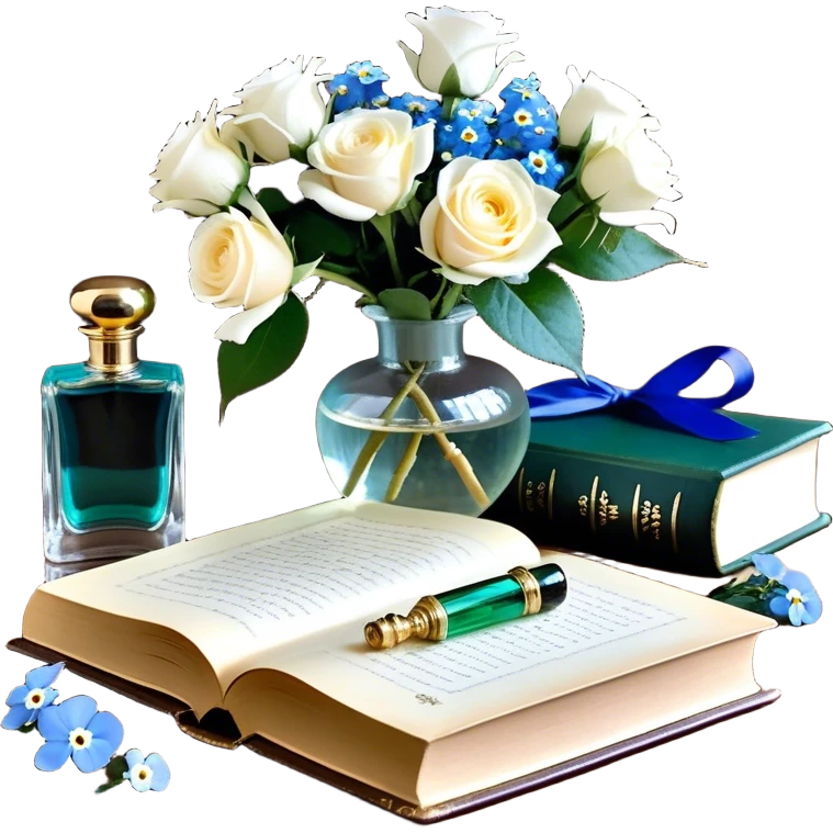 A tender and romantic arrangement of a vintage glass perfume bottle with a golden cap, placed next to a silk-bound book of poetry, with white roses and blue forget-me-nots artfully scattered around.
 emoji