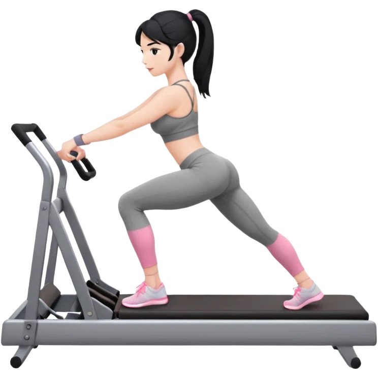 Create a Pilates emoji: a girl with fair skin and black hair, wearing a grey bra and grey leggings with pink pilates socks, exercising on a pilates reformer and not looking at the camera emoji