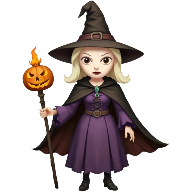 Pitonisa: mujer entre unos 40 y 50 años, cara de mala, malas intenciones, cara un poco deforme tipo bruja, y ropa antigua. cuerpo entero emoji