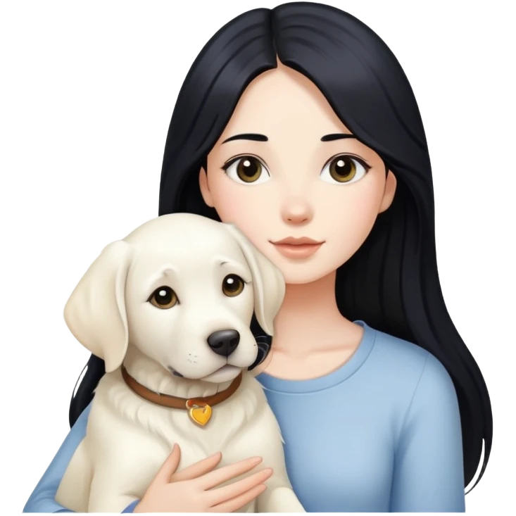 A beautiful girl with long black hair and fair skin is holding a white Labrador emoji
