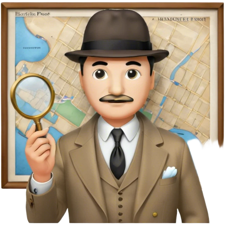 A cinematic-style frame showing Hercule Poirot in his iconic suit with a magnifying glass in a dramatic detective pose. Background should be mysterious city, map, a board with photos of suspects, clues like fingerprints. Transparent background. emoji