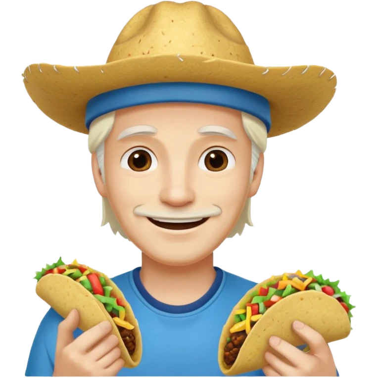 man holding taco with long white hair and cap emoji