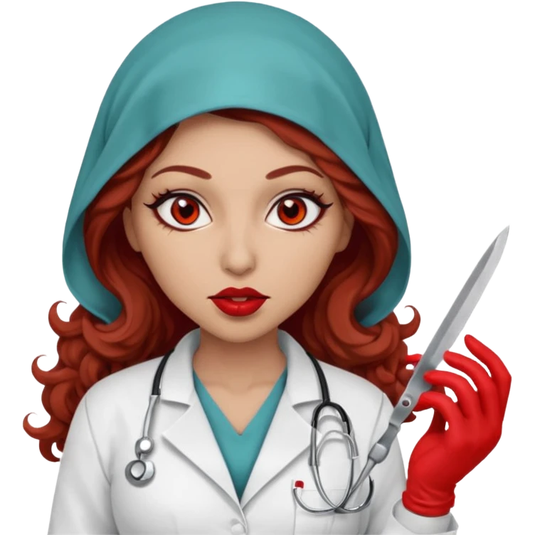 Scary woman scalpel in hand, evil surgeon sexy surgeon clothes.  She has red eyes. Her  brown long curly hair. Wears sexy doctor outfit with red gloves. make her hair free and brown but she  wear mouth cover   to hide. Wears white surgeon jacket and hijab cover lips  emoji