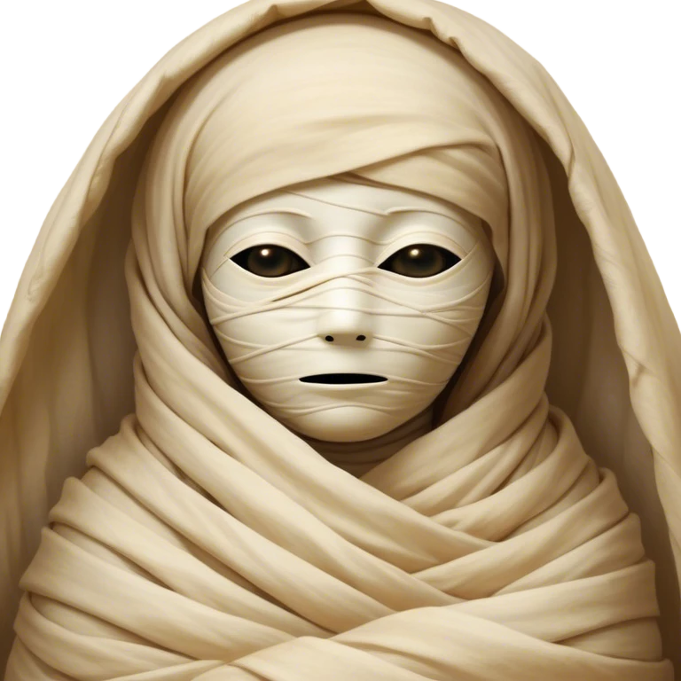 A snug, cozily wrapped mummy, fully encased in soft, slightly loose bandages, even its face gently hidden behind folds with only a tiny glimpse of sleepy eyes, nestled in warm, faded tones with gentle golden accents, simplified yet irresistibly charming, highly detailed with a soft glowing outline capturing the peaceful aura of an ancient being drifting into rest! emoji