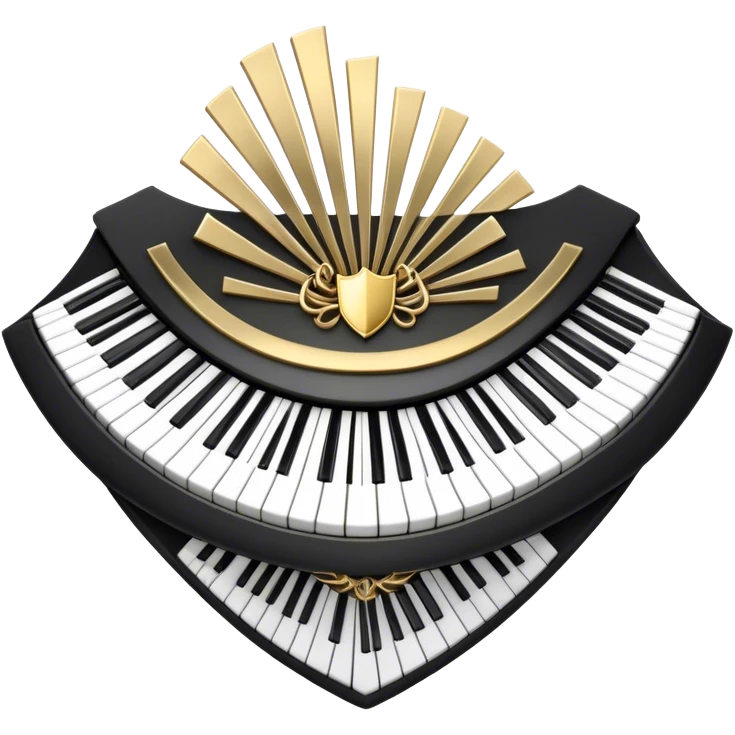 Create an elegant and festive emoji collage representing keyboard instruments, styled like a heraldic emblem. The design should feature a central focal point of black and white piano keys, arranged in a semi-circular or shield-like shape. Around the piano keys, add intertwining musical notes that form flowing ribbons, creating a dynamic and celebratory atmosphere. The design should be professional, with polished silver and gold accents on the keys and notes, highlighting the luxury and sophistication of the instruments. Add subtle shading and lighting effects to give the design a refined, 3D appearance. The background should remain transparent, and the overall feel should evoke grandeur, artistry, and a sense of celebration. emoji
