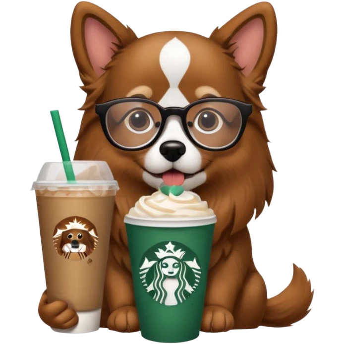 a dog with glasses on and a starbucks drink emoji