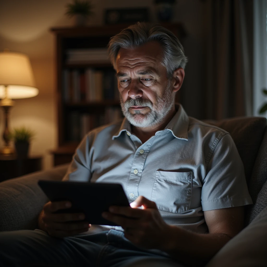 man reading an article about slow metabolism after 30 years on a tablet, worried expression, domestic environment, hyperrealistic details, 4K emoji