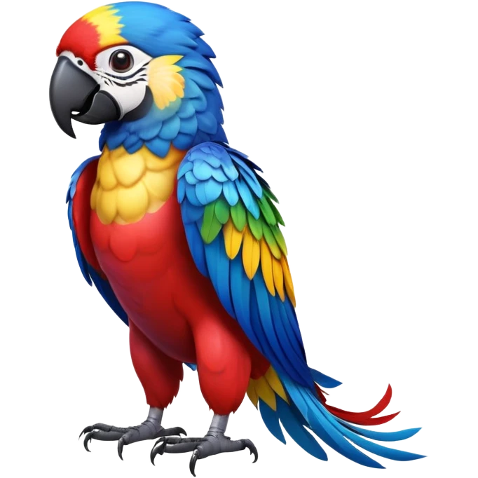 cinematic-macaw-realistic-full-body-standing-emoji,-vibrant-feathers-glowing-with-rich-reds,-blues,-and-yellows,-head-tilted-dramatically,-curved-black-beak-gleaming,-piercing-dark-eyes-exuding-confidence,-simplified-yet-realistic-focused emoji