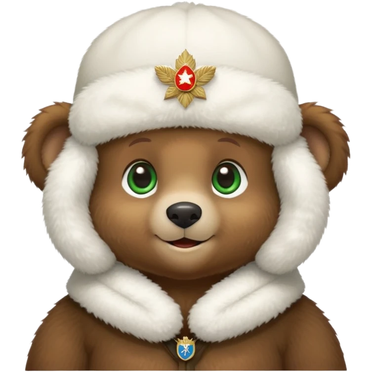 Adorable brown bear cub with innocent green eyes and gentle smile, pure white fluffy ushanka hat with prominent Russian Federation emblem, iOS emoji style emoji