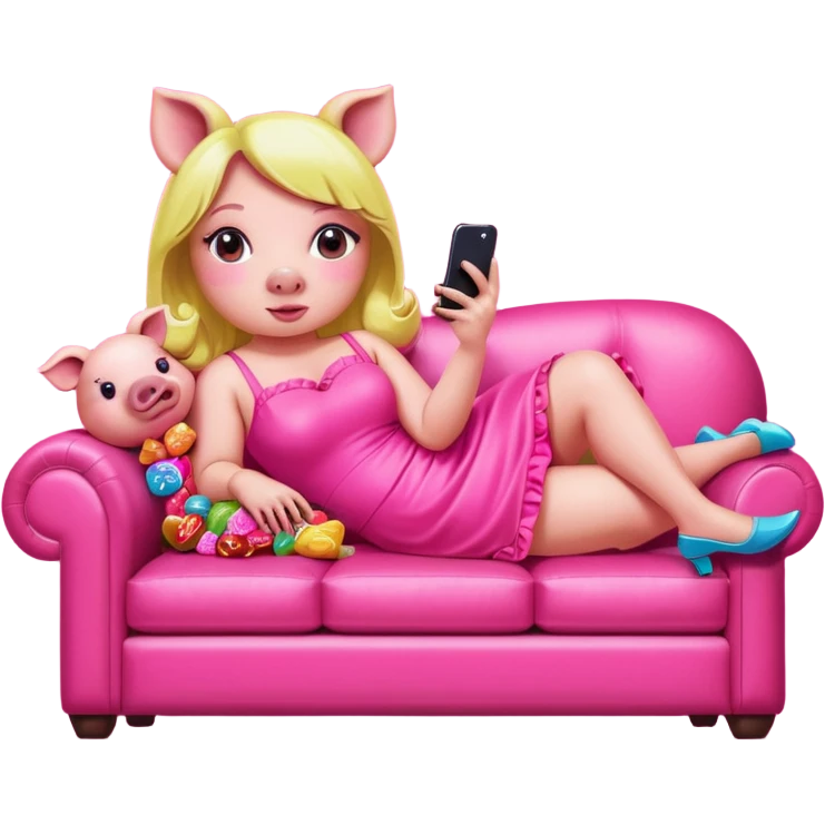 lady pig in neon pink kawaii dress reclining on couch scrolling on an iphone and eating candy pop art portrait emoji