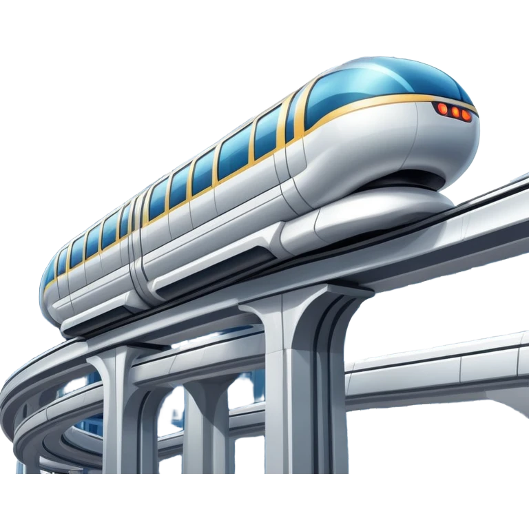 Futuristic monorail train curving above a cityscape with tall buildings emoji