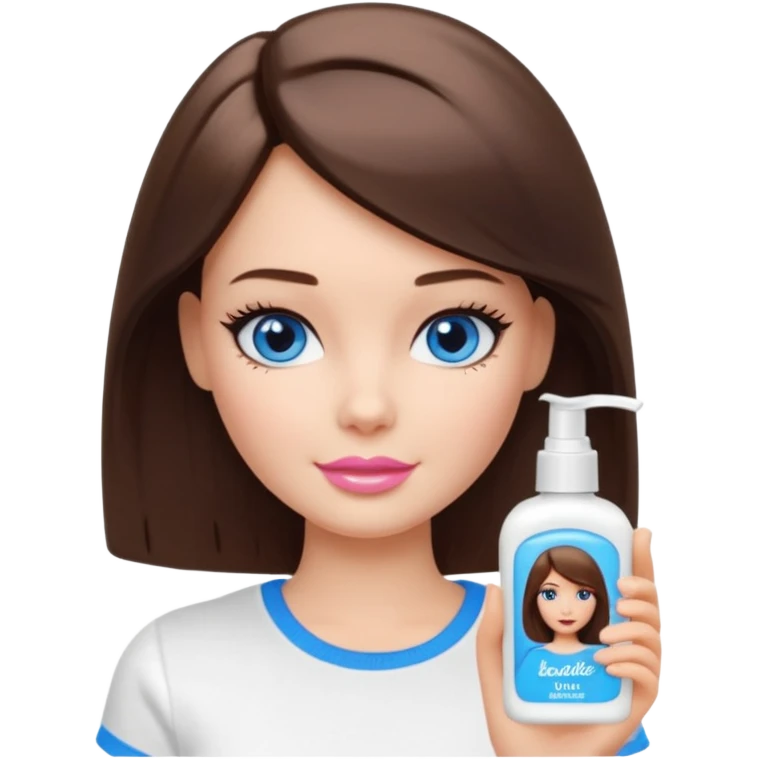 Barbie girl with makeup, blue eyes , and bob long haircut, short brown hair in white T-shirt, face Wash Cream emoji