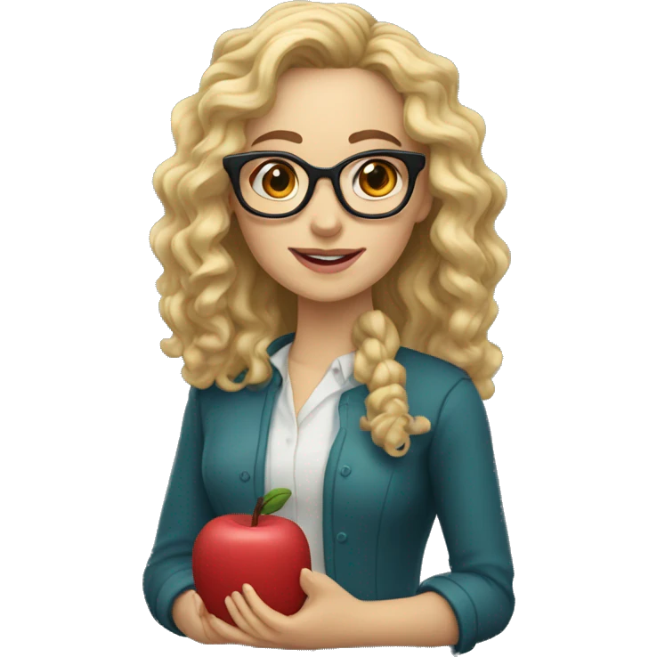 Woman teacher blonde long curly hair glasses brown eyes holding a tiny bridge toy emoji