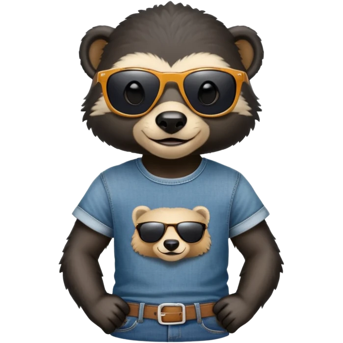 friendly anthropomorphised honey badger in jeans and a t-shirt, wearing sunglasses, head and shoulders portrait emoji